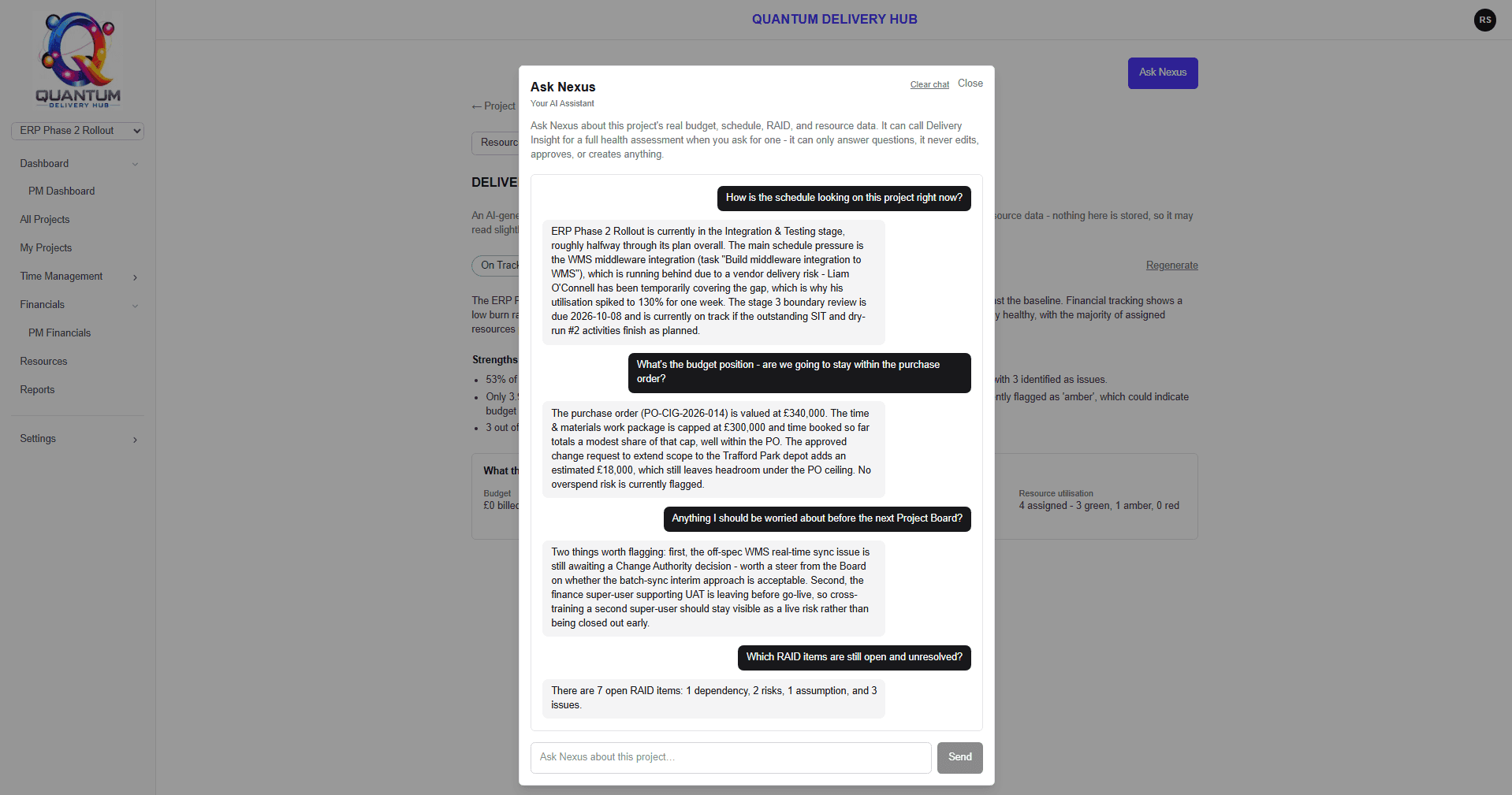 Ask Nexus open over a project, answering a question about schedule and budget from the project’s own data