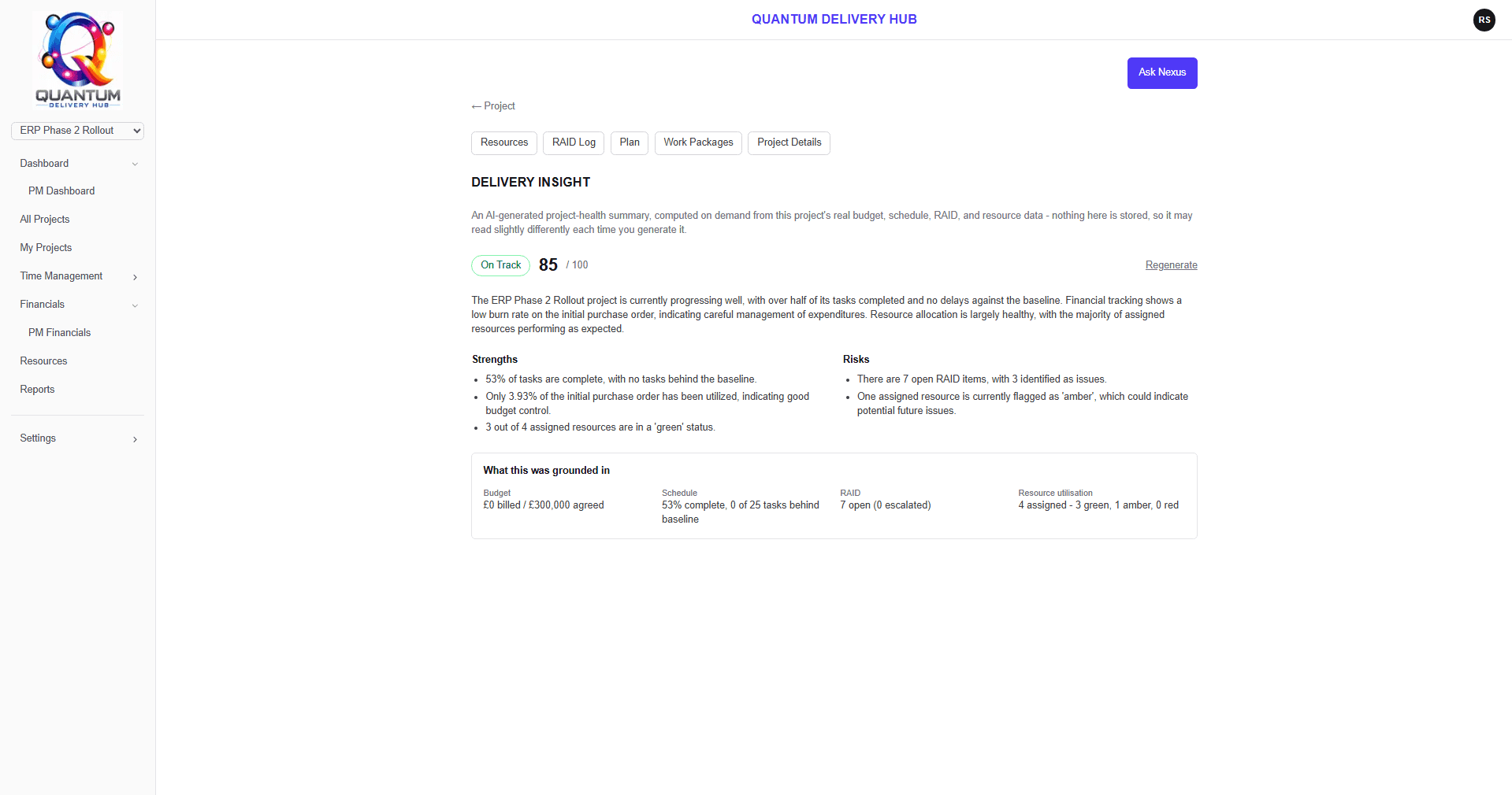 Delivery Insight showing a project health summary, strengths, risks and a score