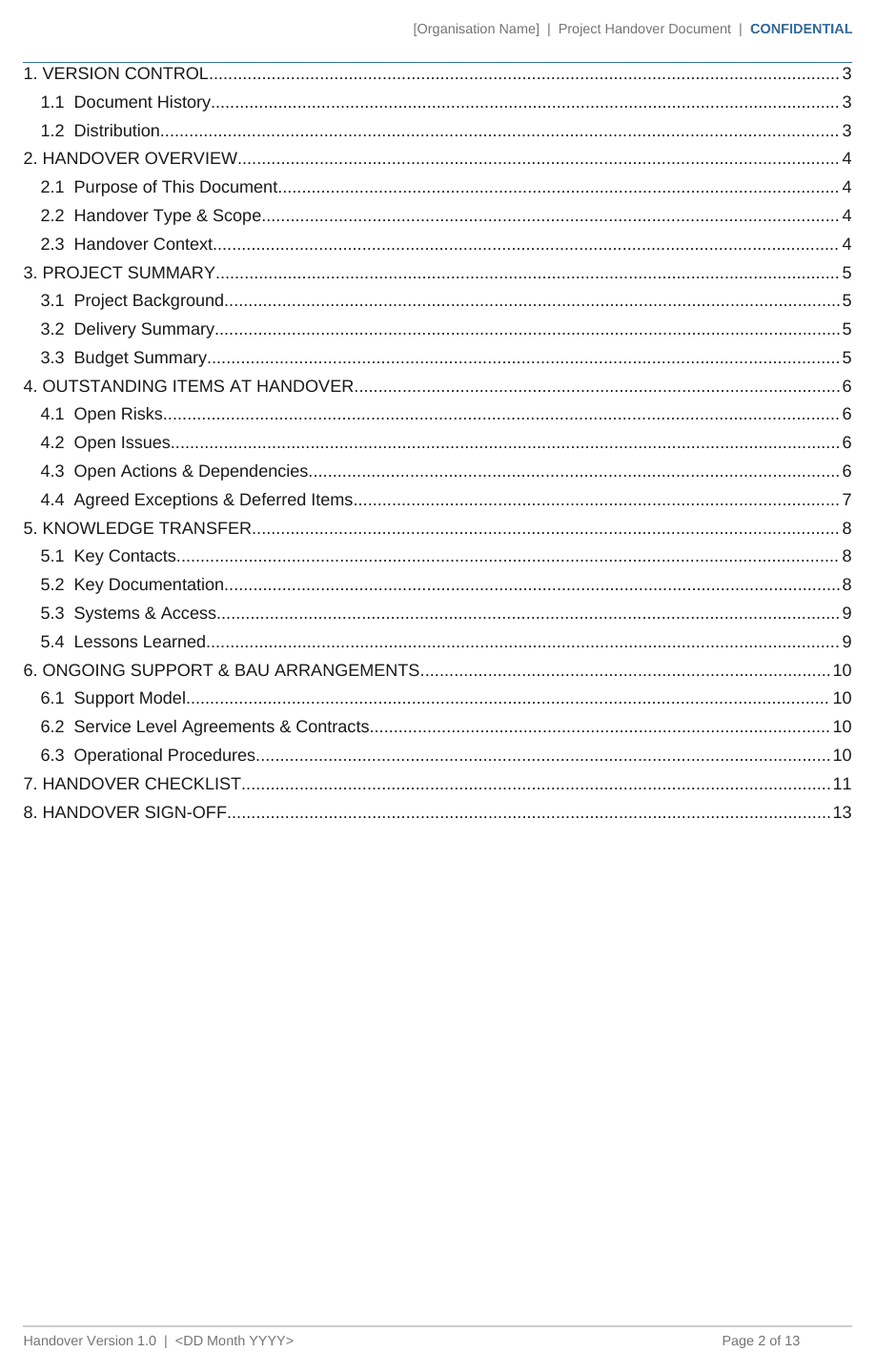 Project handover template contents page listing all 8 sections