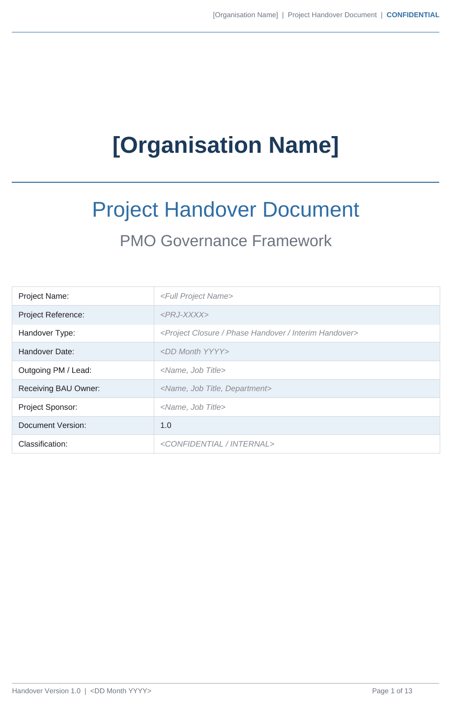 Project handover template cover page with handover type, outgoing lead and receiving owner