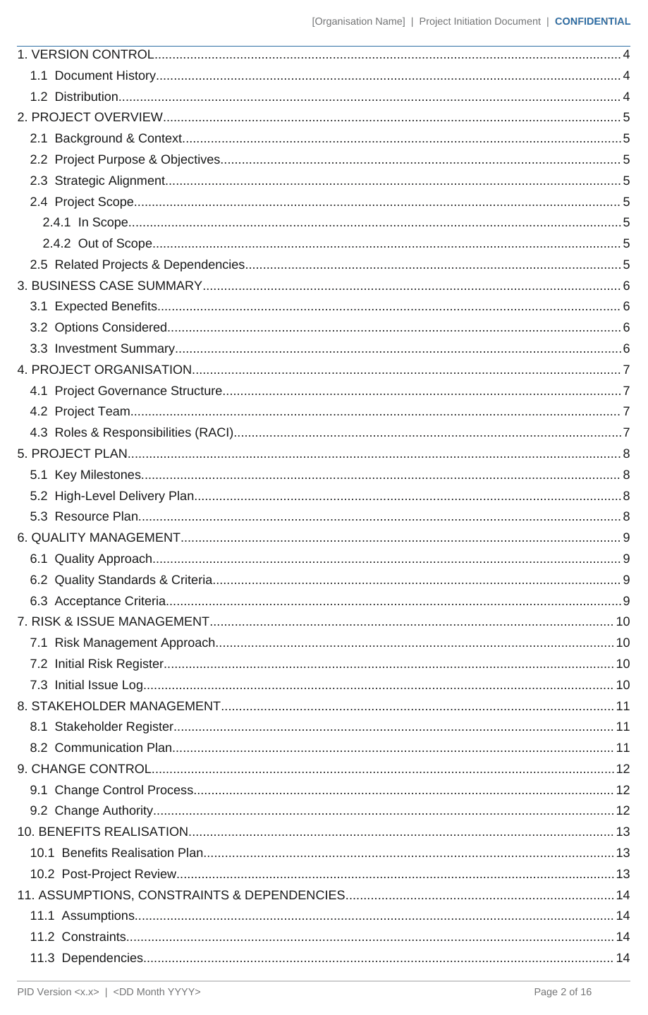 PID template contents page listing all 13 sections
