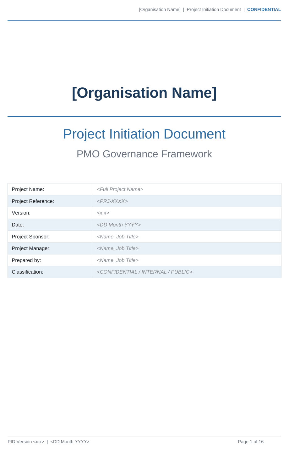 PID template cover page with project details table