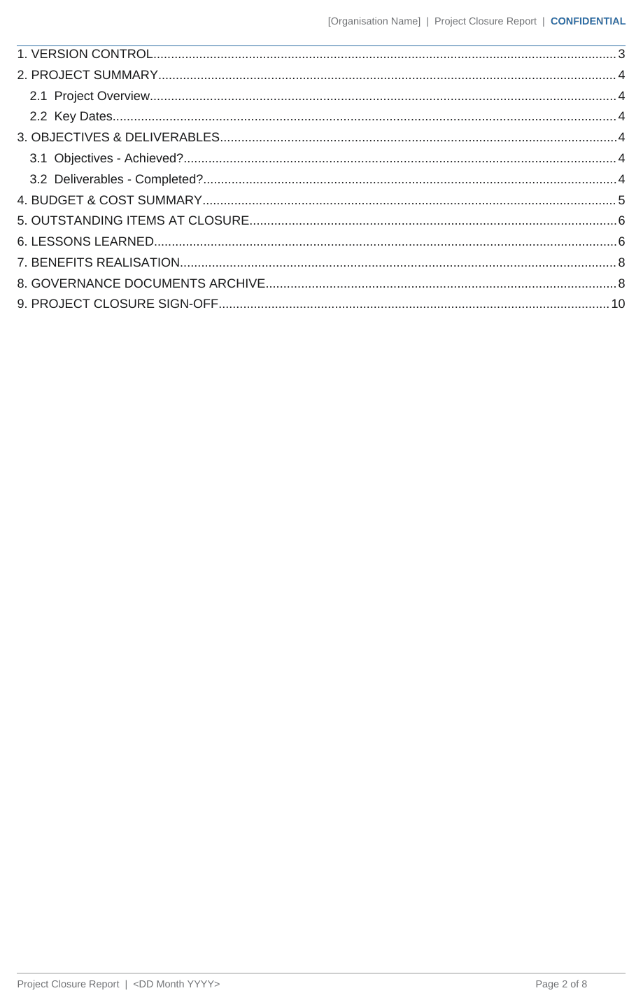 Project Closure Report template contents page listing all 9 sections
