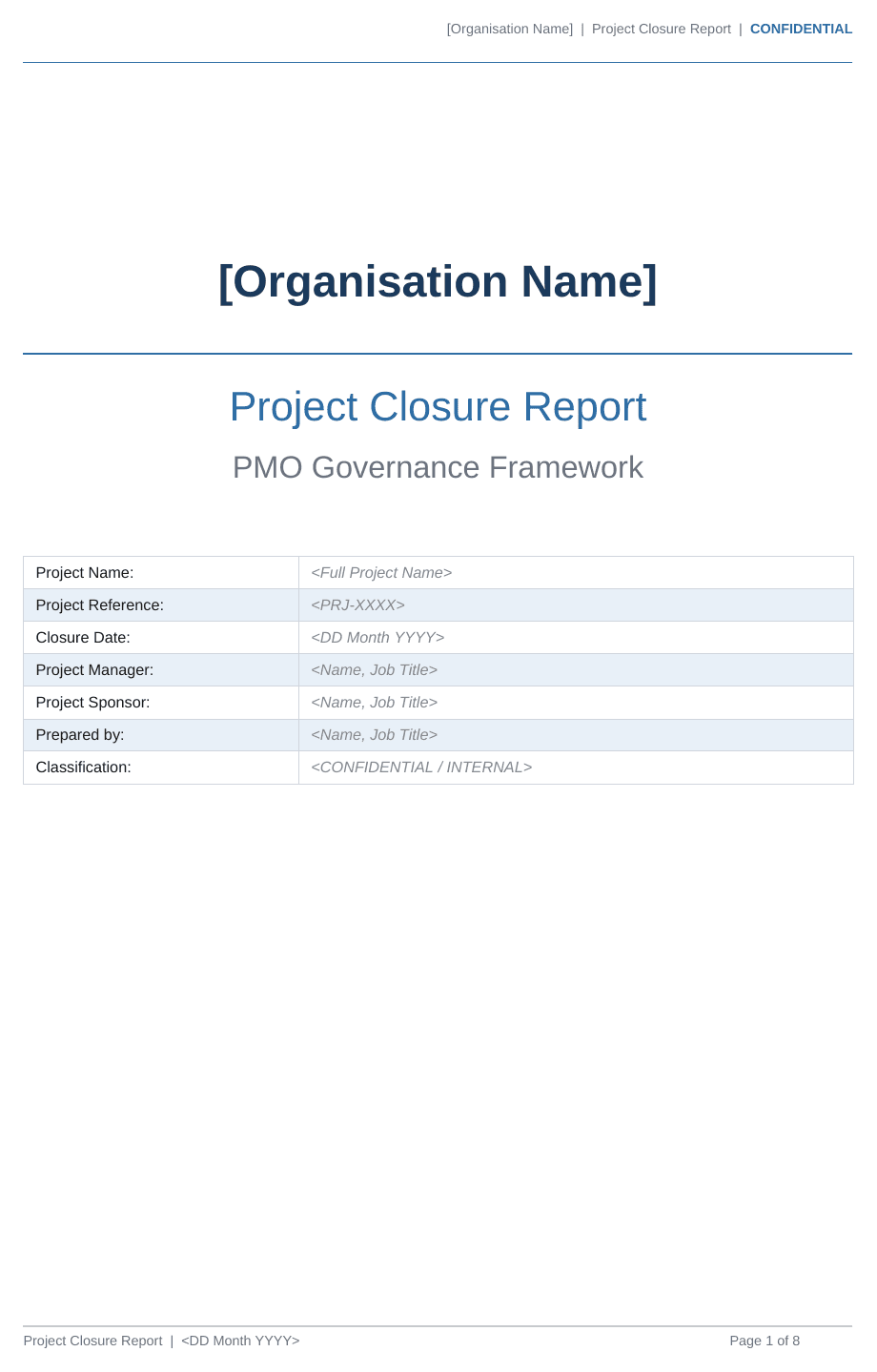 Project Closure Report template cover page with project, closure date and sponsor
