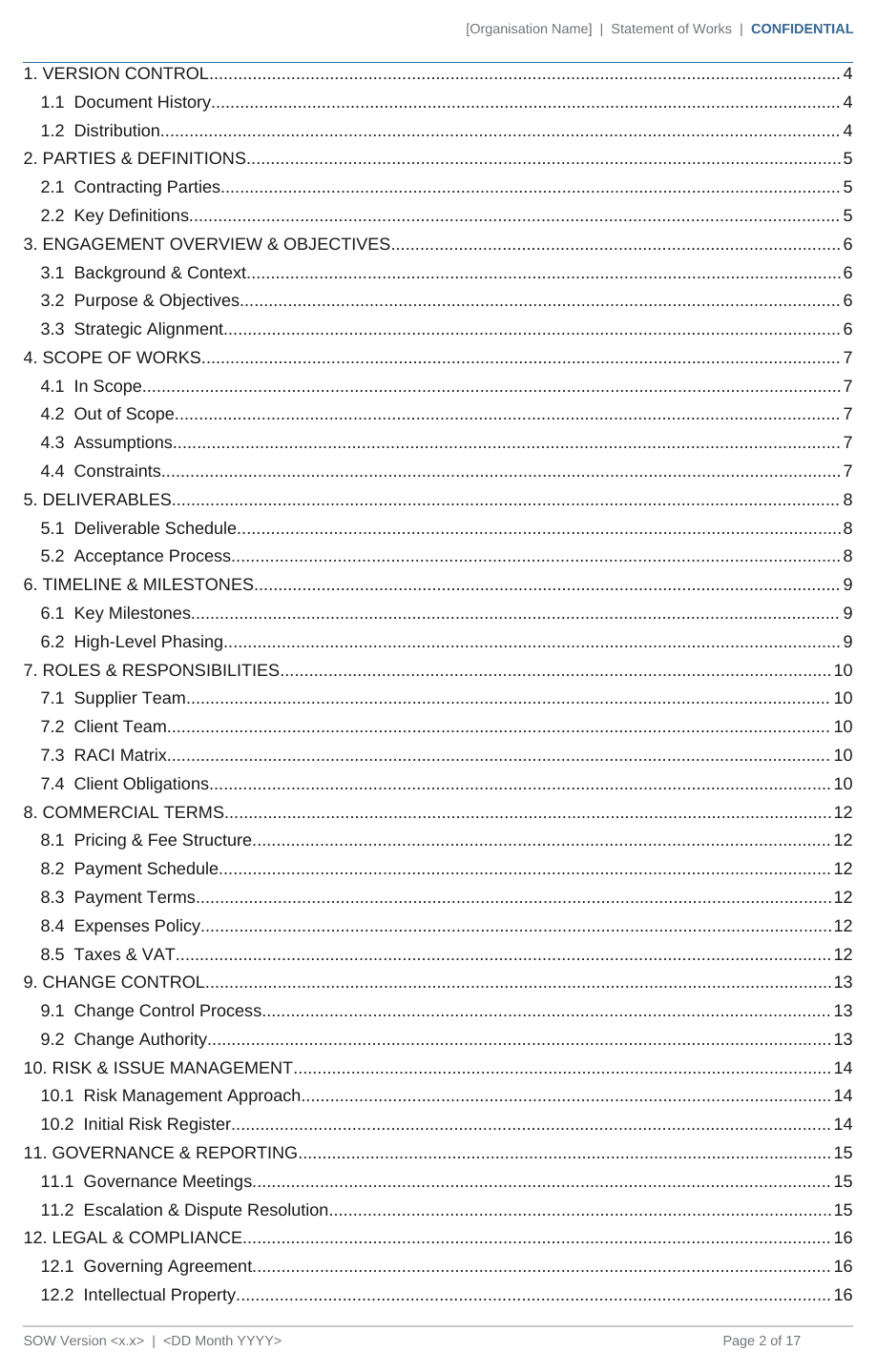 Statement of Work template contents page listing all 13 sections