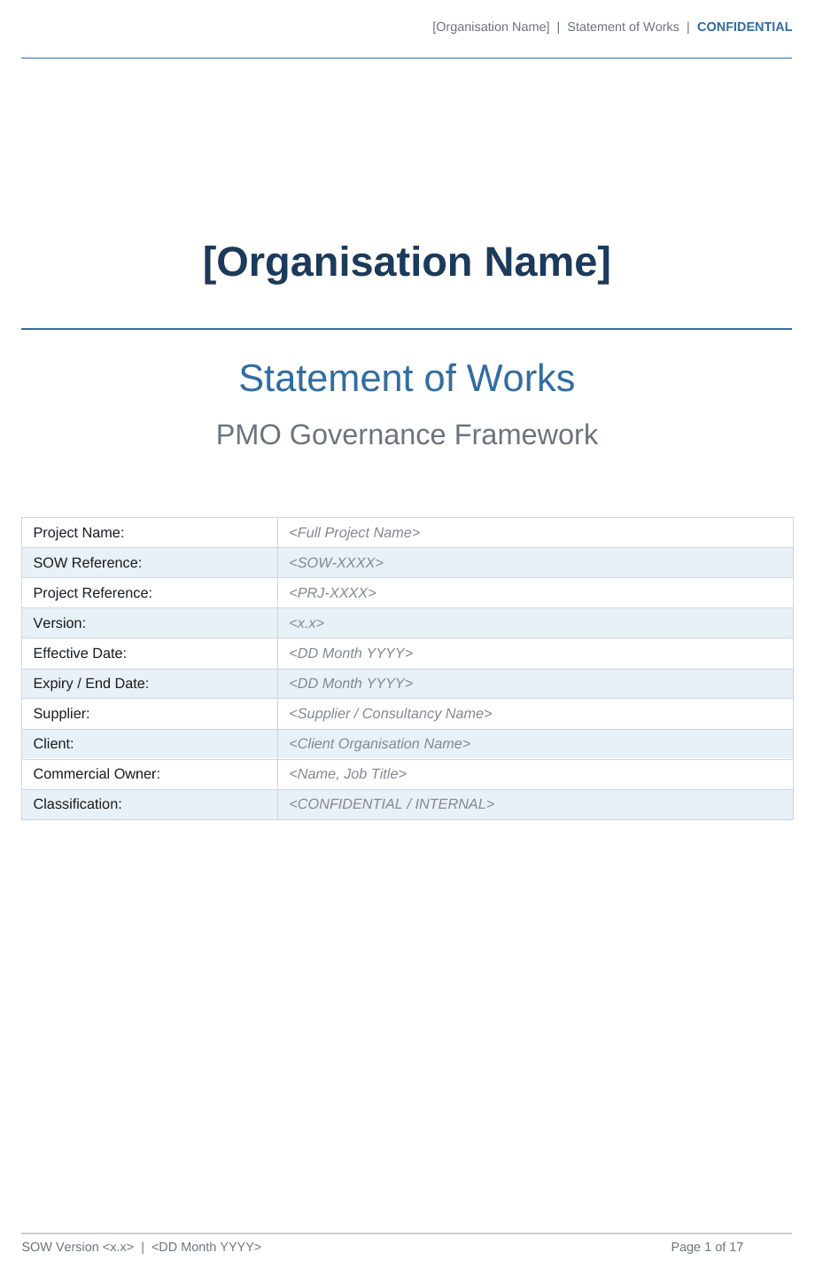 Statement of Work template cover page with project, supplier and client details