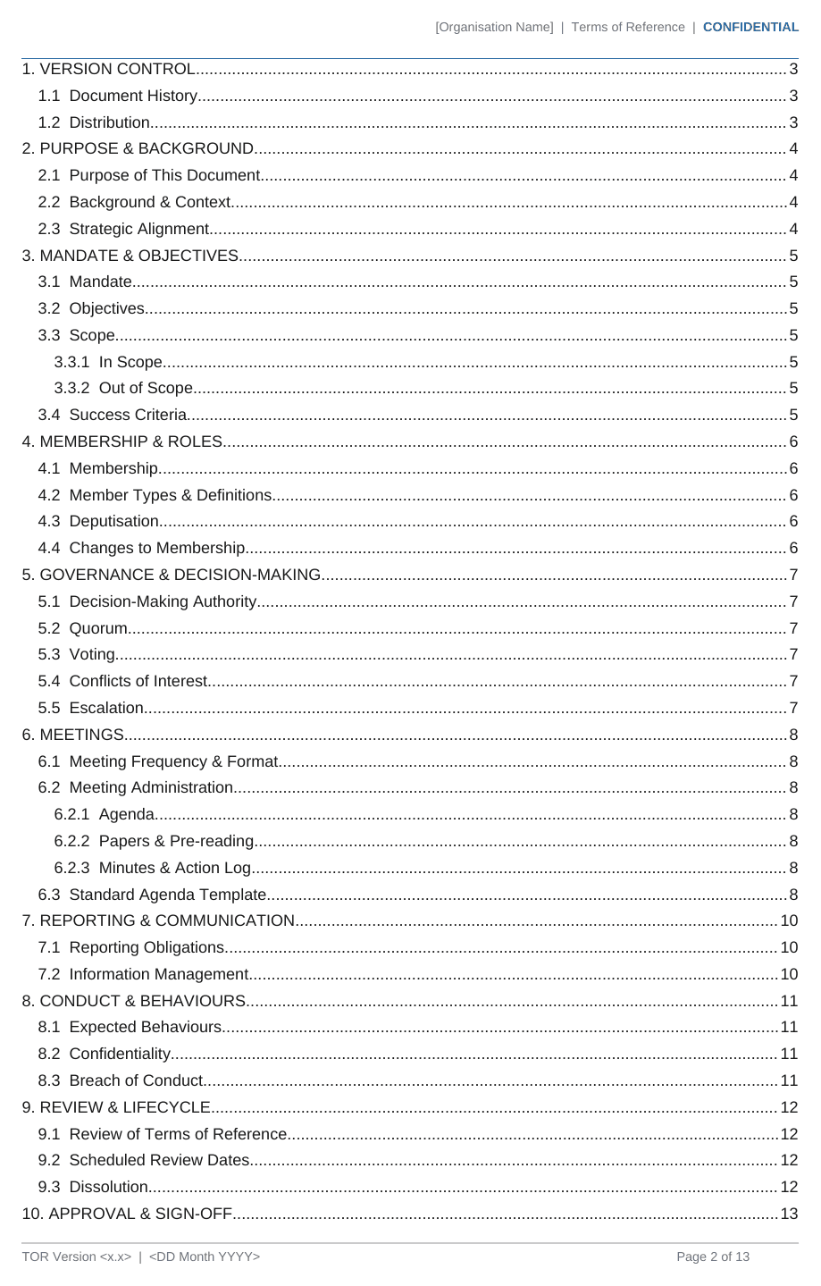 Terms of Reference template contents page listing all 10 sections