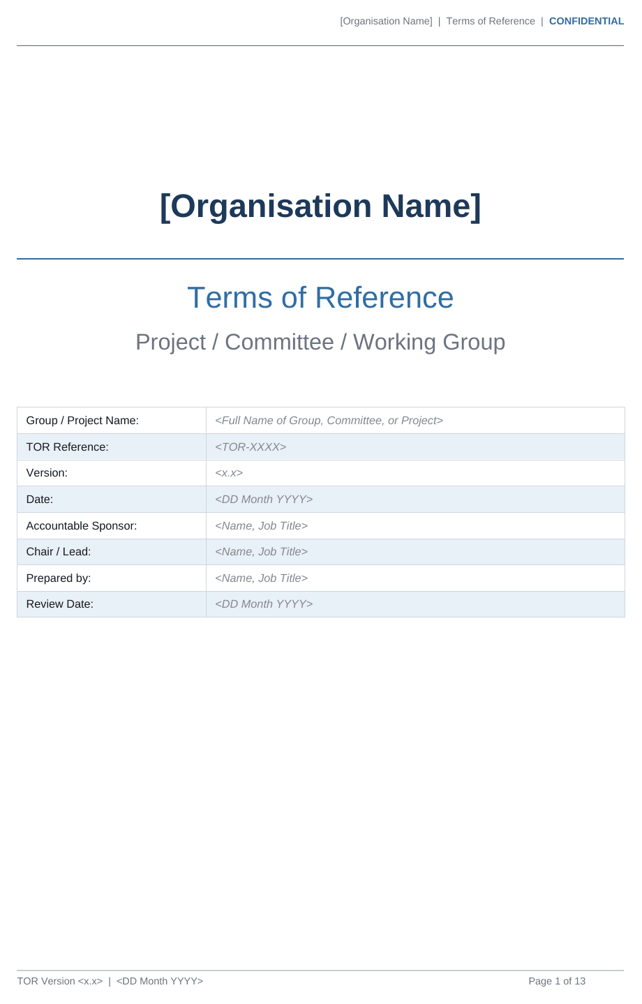 Terms of Reference template cover page with group name, sponsor and chair